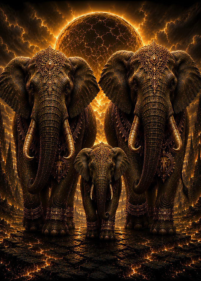Majestic Elephants in Golden Fantasy Landscape