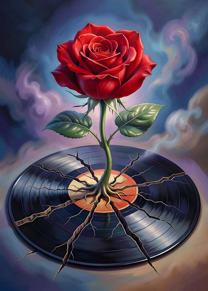 Rose Growing from Broken Vinyl Record