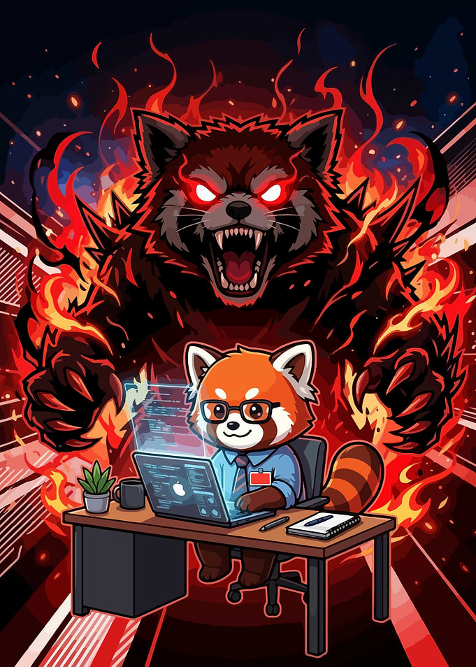 Fiery Rage Monster inside Aggretsuko Coding