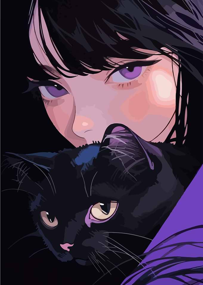 Anime Girl with Black Cat