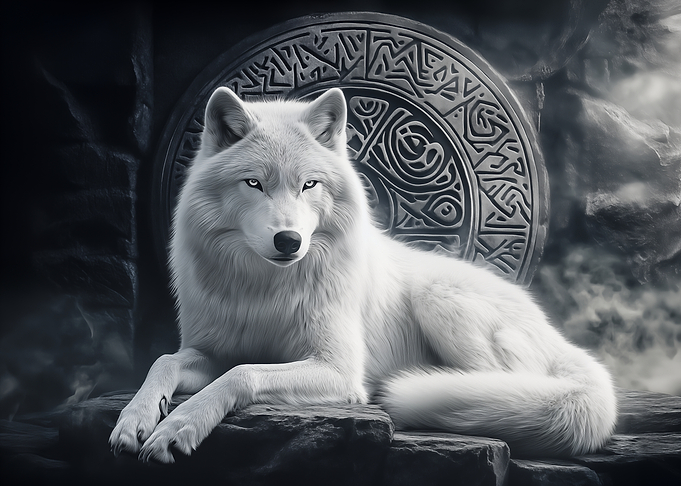 White wolf with ancient symbol