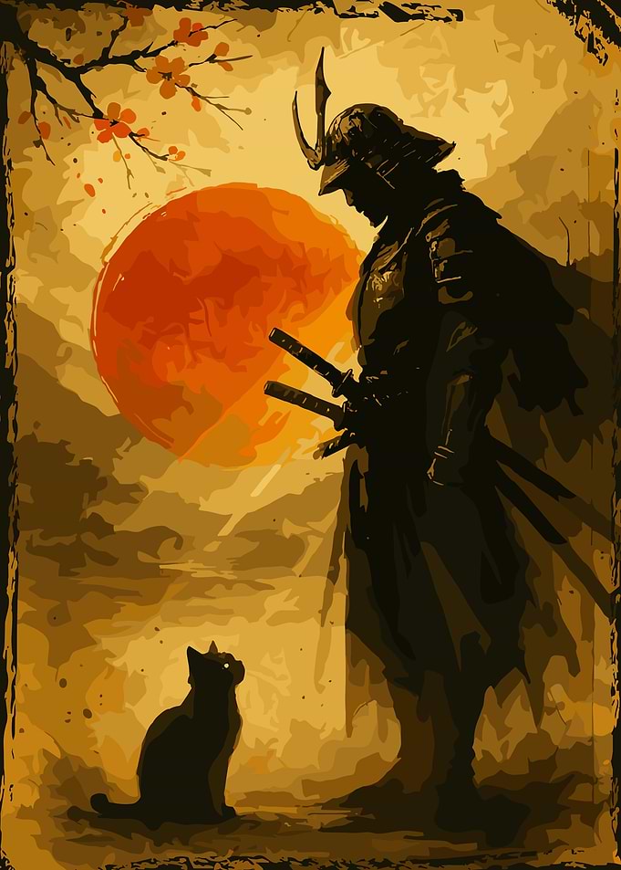 Samurai Warrior Red Sun Poster Japanese Vintage Style Wall Art with Cat