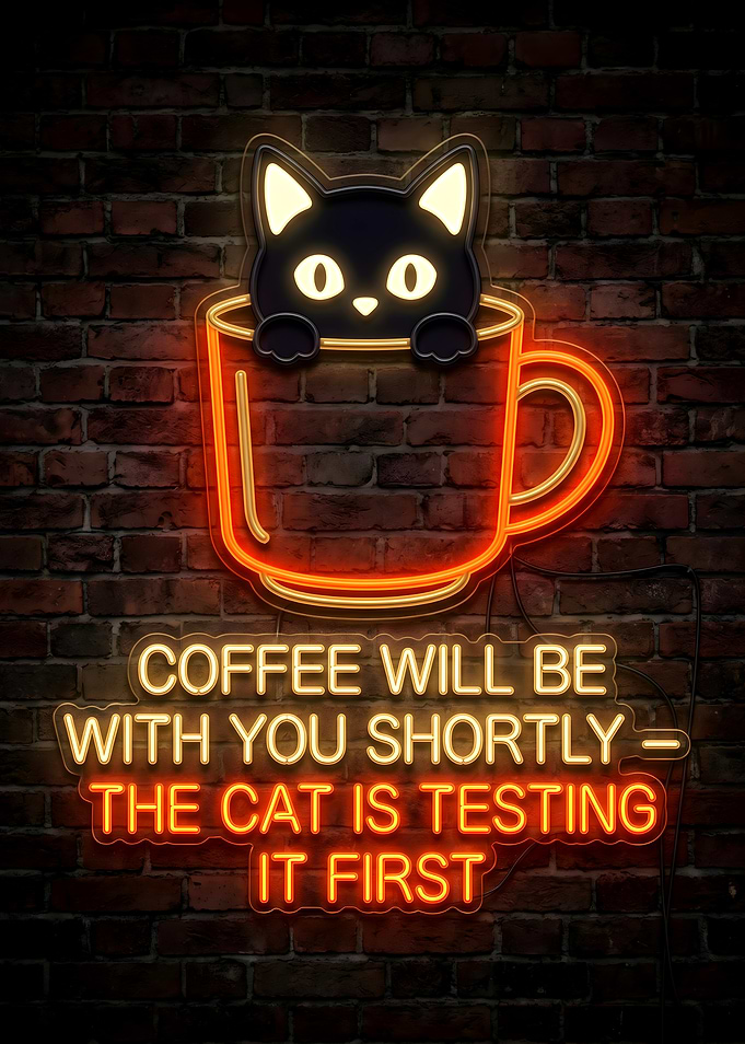 Neon Cat in Coffee Cup