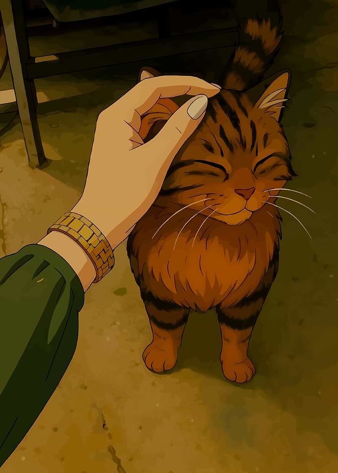 Hand petting a happy tabby cat