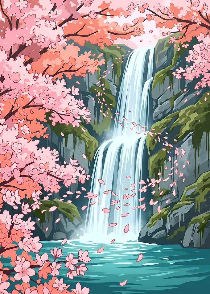 Sakura Cascade over Mossy Green Rocks