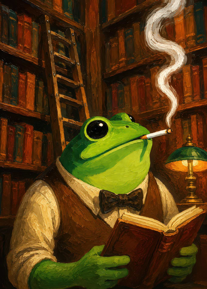 Anthropomorphic Frog Reading and Smoking