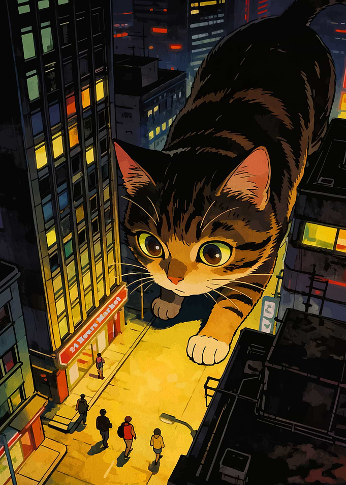 Giant Cat Roaming a City at Night