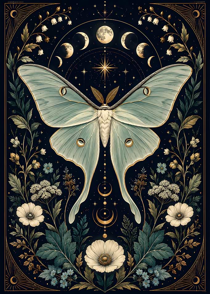 Celestial Luna Moth with Floral Border