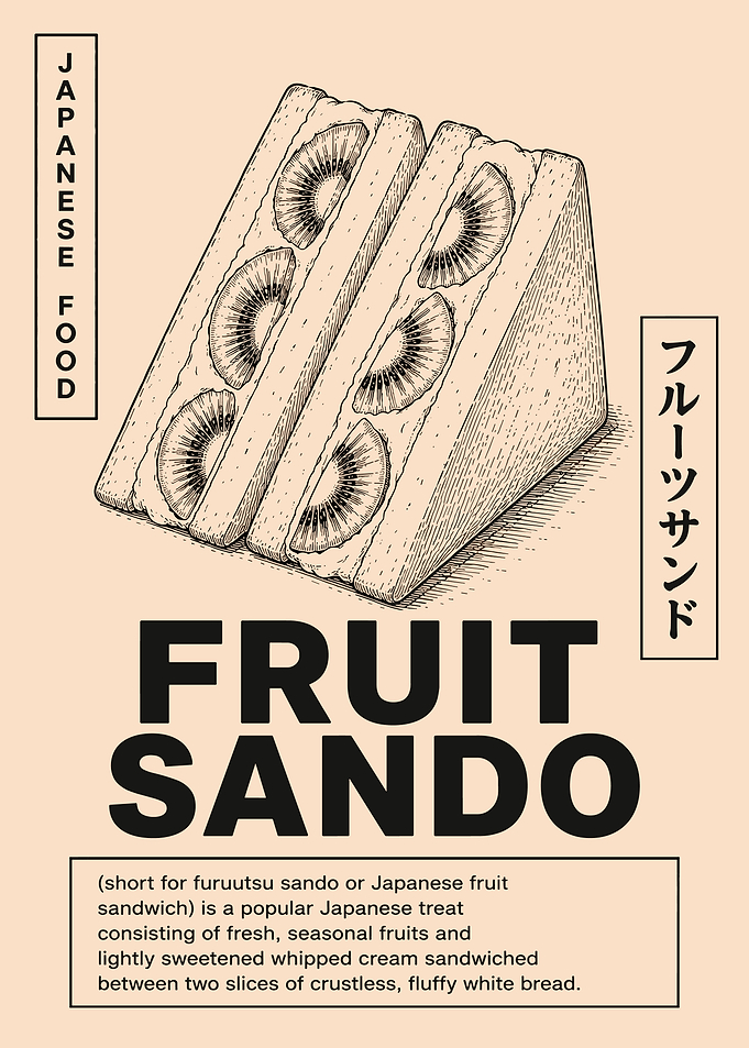Vintage Japanese Fruit Sando Illustration Black and White Food Poster Wall Art