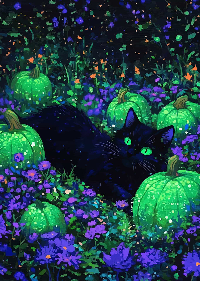Black Cat Among Green Pumpkins and Purple Flowers