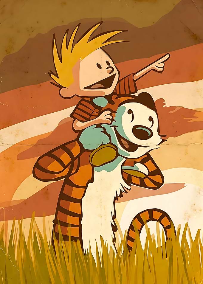 Calvin and Hobbes in a field