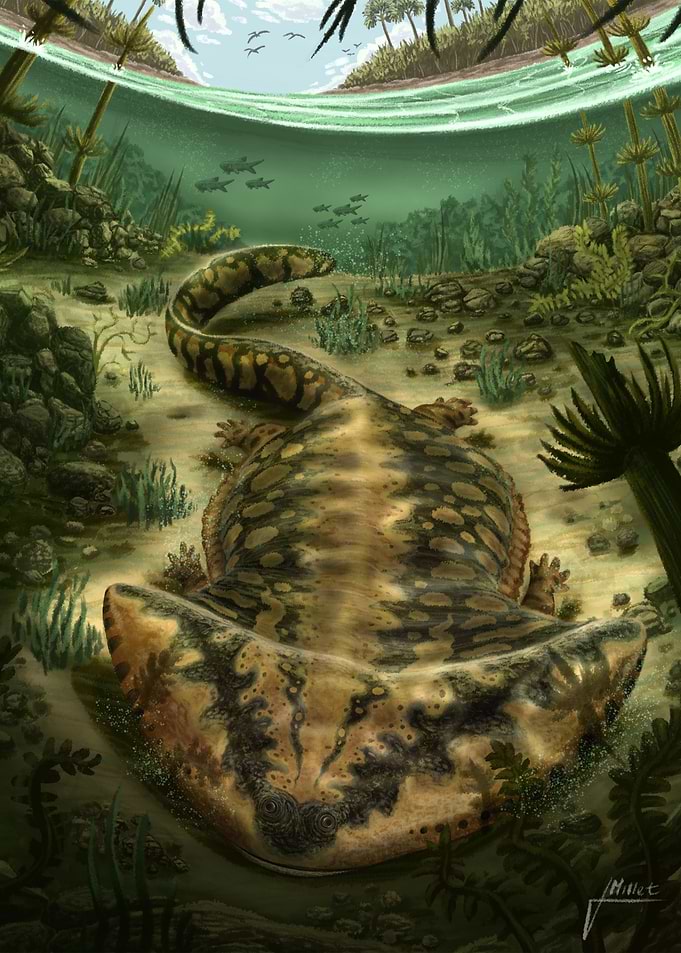 Prehistoric Amphibian in Underwater Environment