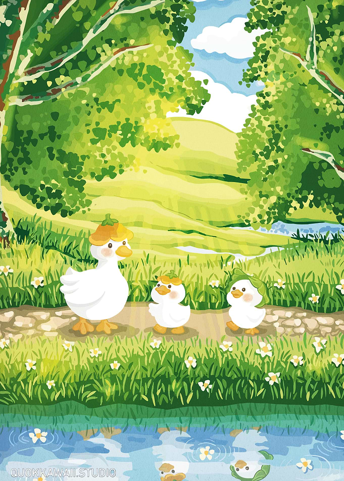 Ducks Walking on a Path in a Meadow