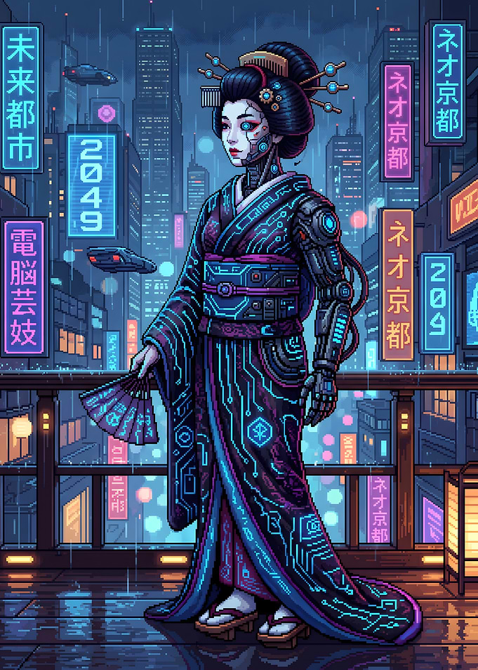 Cyberpunk Geisha in Neon City