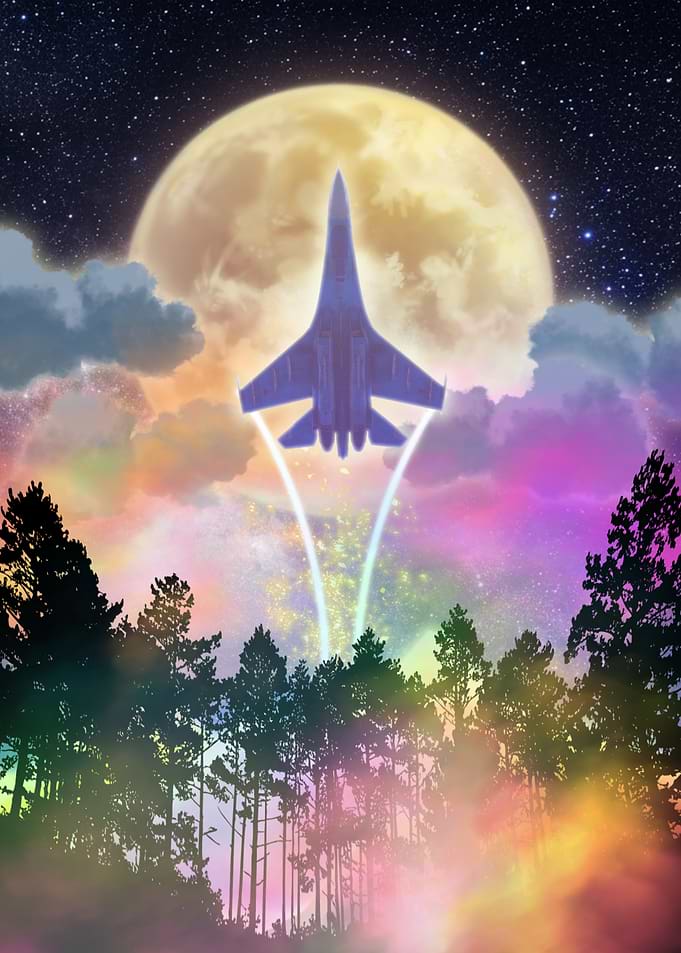 Jet Ascending Through Colorful Night Sky