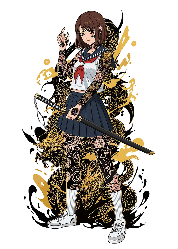 Tattooed Schoolgirl with Katana
