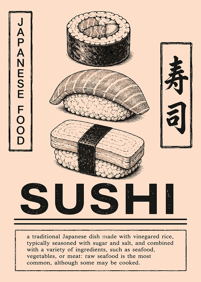 Vintage Sushi Illustration Japanese Food Poster Maki Nigiri Wall Art