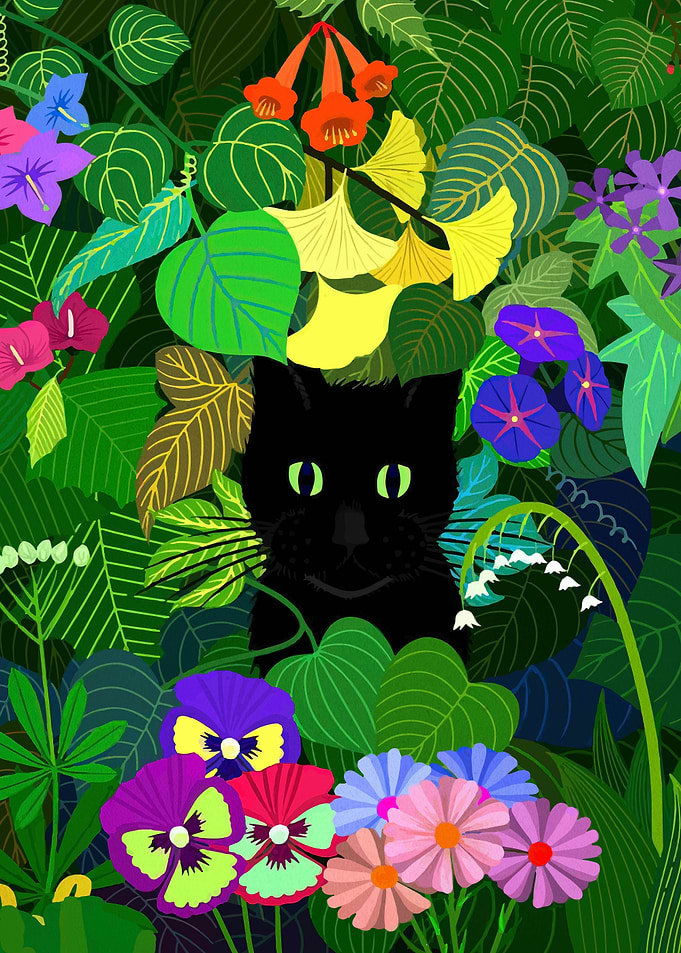 Black Cat in Lush Jungle Garden