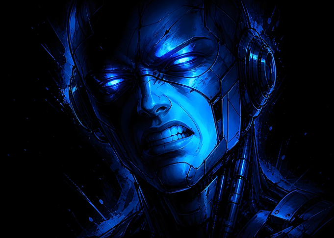 Cybernetic Warrior with Glowing Blue Eyes