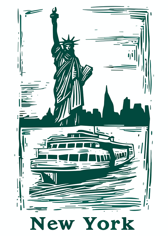 New York Statue of Liberty Linocut Poster Vintage Skyline Wall Art Print