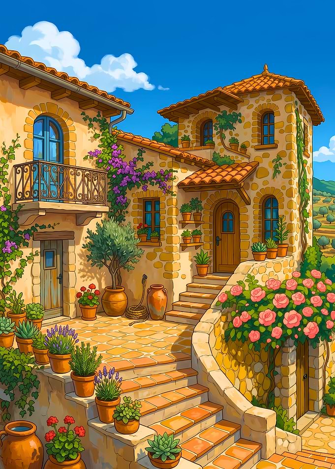 Charming Mediterranean Courtyard with Flowers
