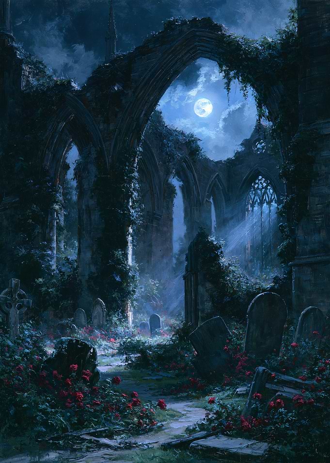 Gothic Cemetery Under Moonlight