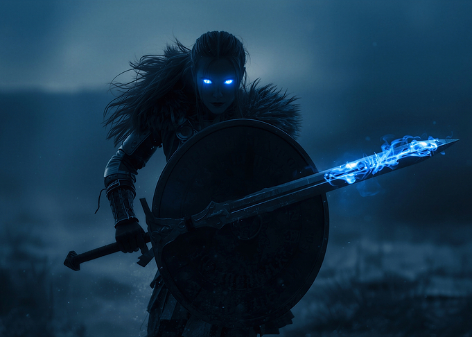 Warrior with glowing eyes and sword
