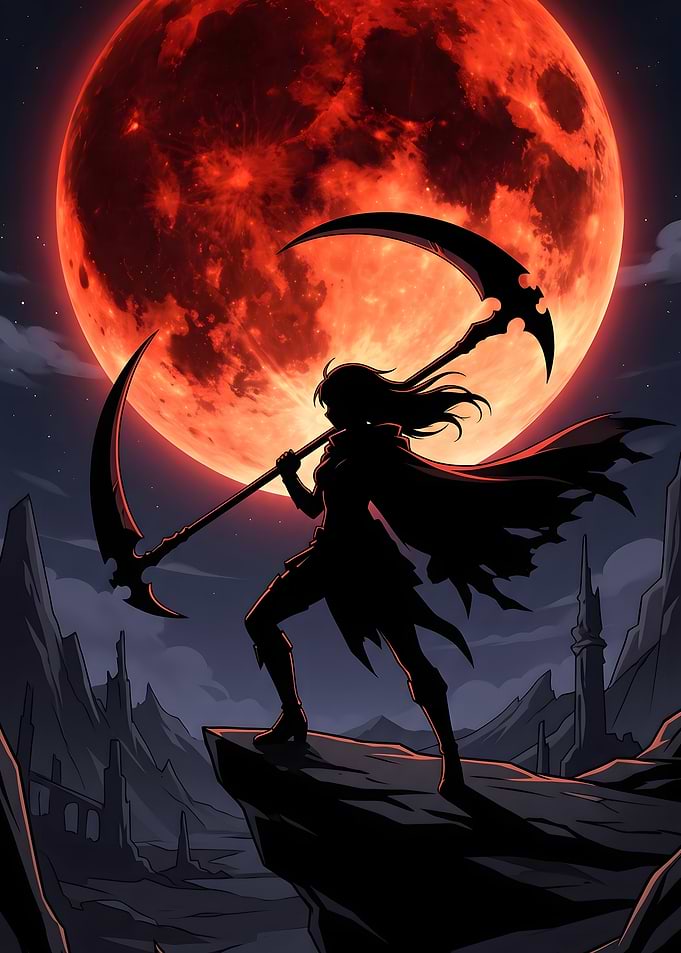 Silhouette Warrior Under Blood Moon