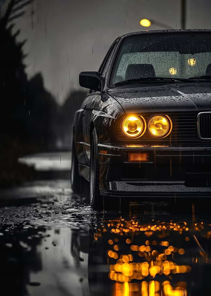 close up Classic BMW e30 in Rain car poster