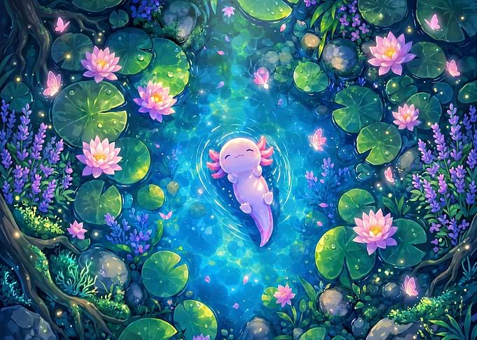 Cute Axolotl in a Lily Pond