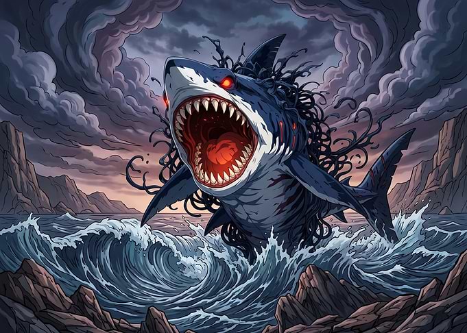 Monstrous Shark Emerging from Stormy Seas