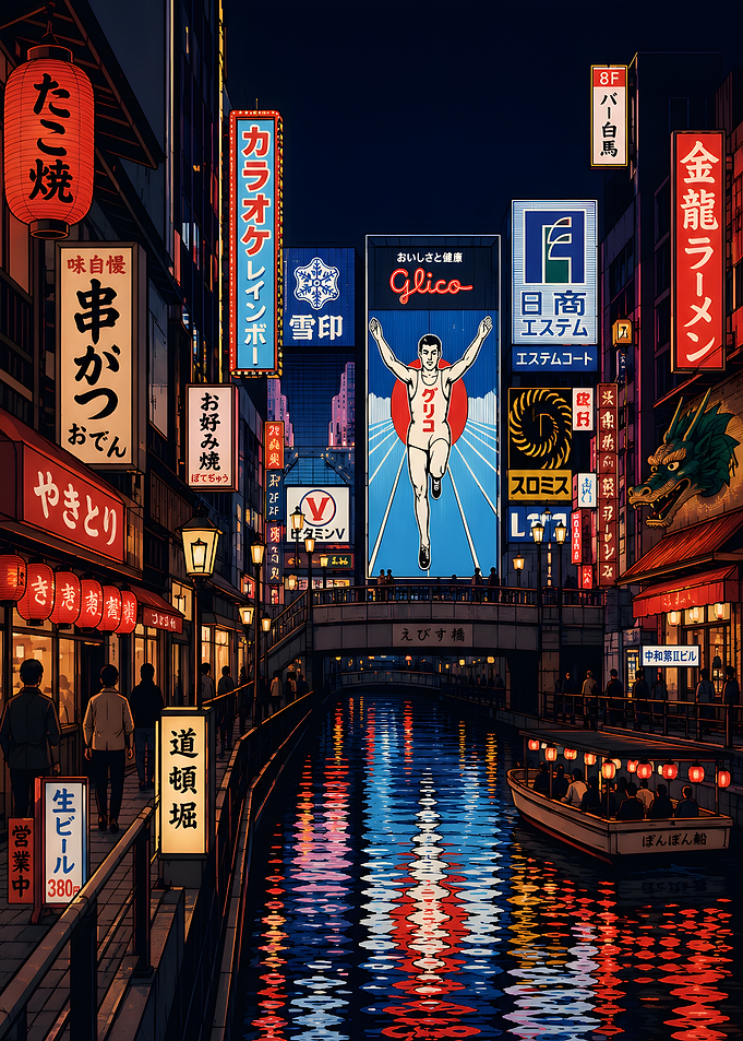 Neon-lit Osaka canal at night