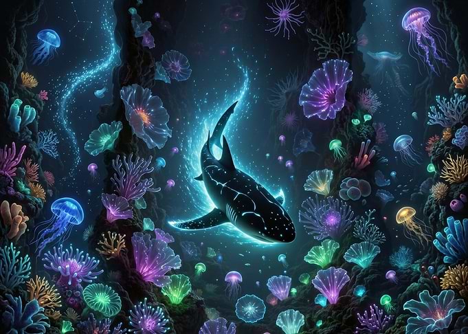 Bioluminescent Shark in Coral Reef