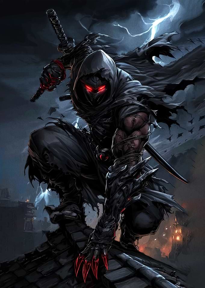 Dark Ninja with Glowing Red Eyes