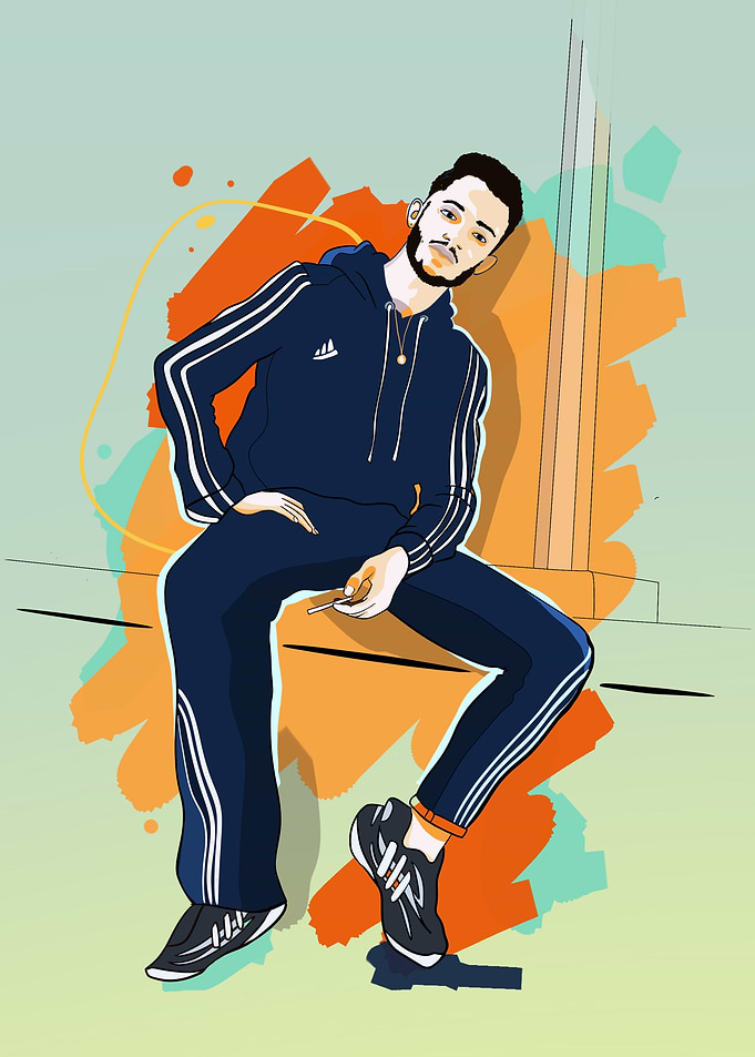 Man in Adidas tracksuit sitting