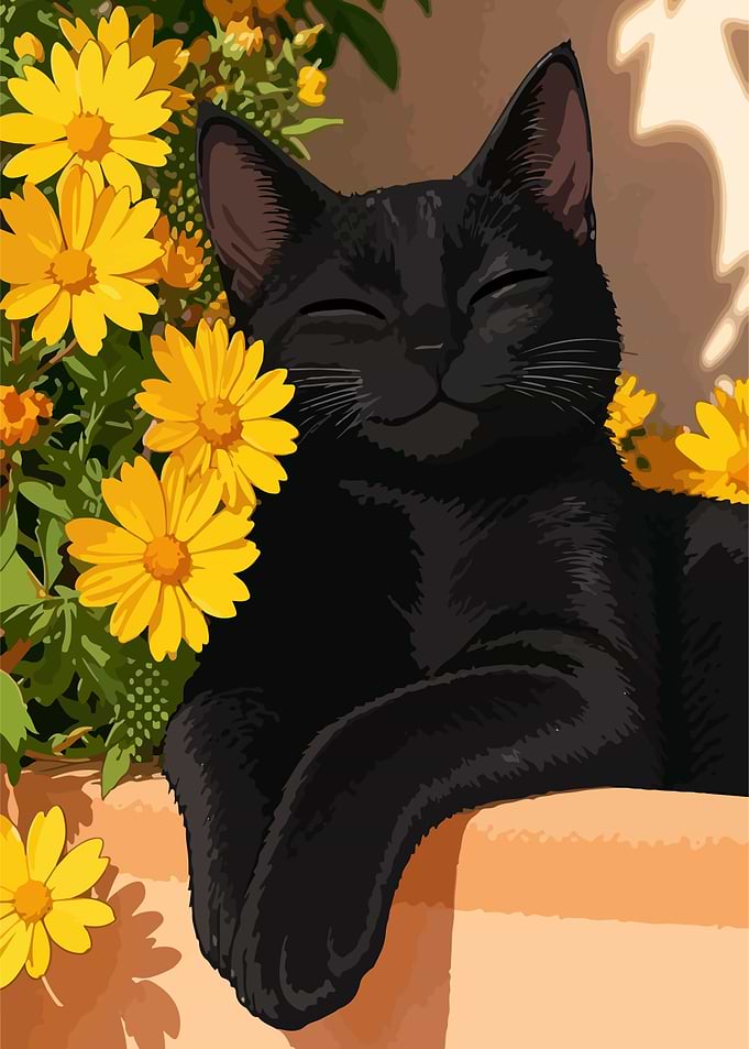 Black cat with yellow flowers