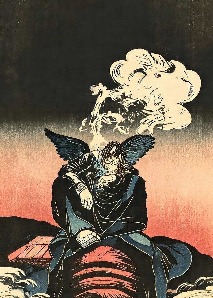 Winged figure with smoke