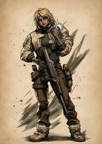 Female soldier with rifle and cybernetic arm