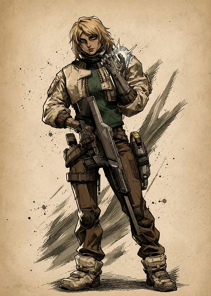 Female soldier with rifle and cybernetic arm