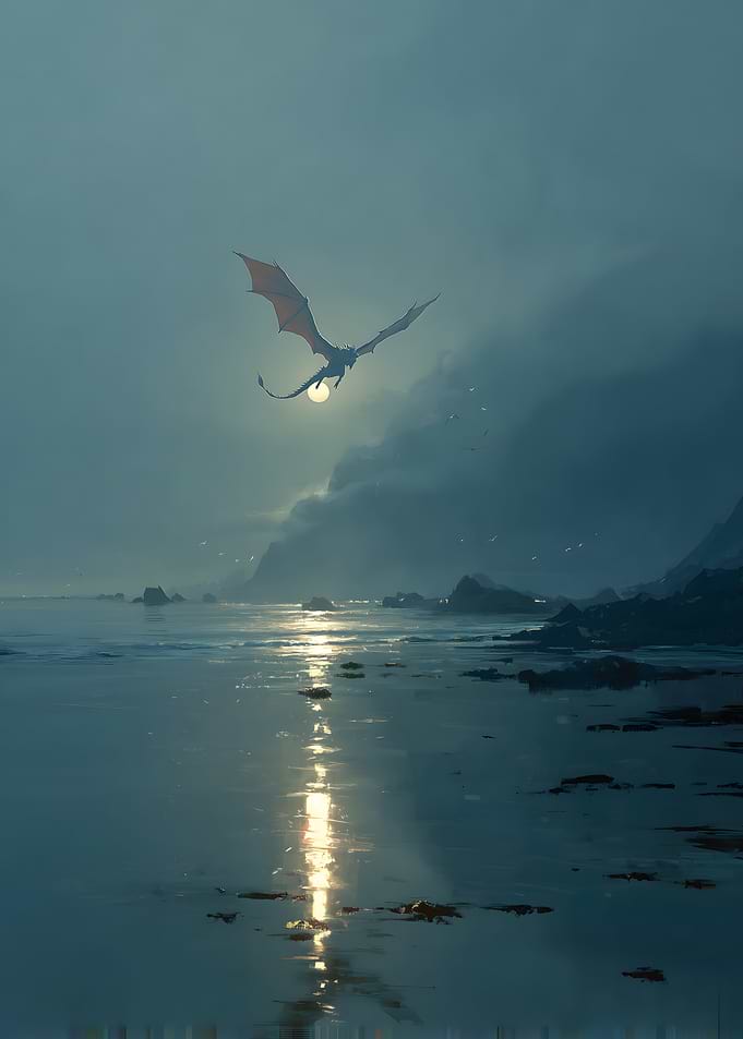Dragon flying over moonlit ocean