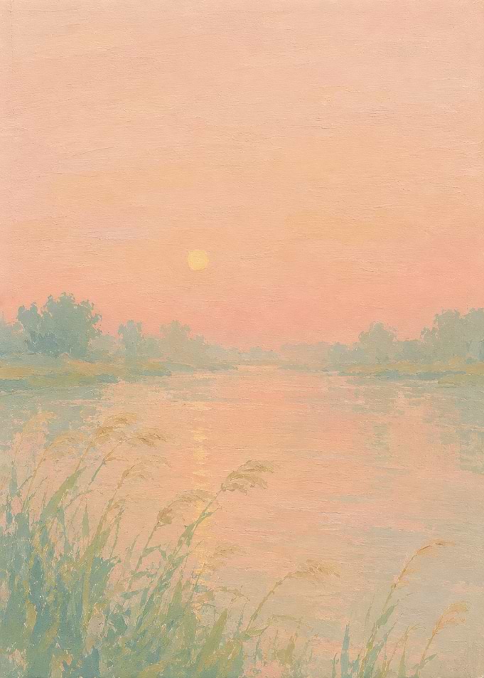 Sunrise over a tranquil lake with reeds