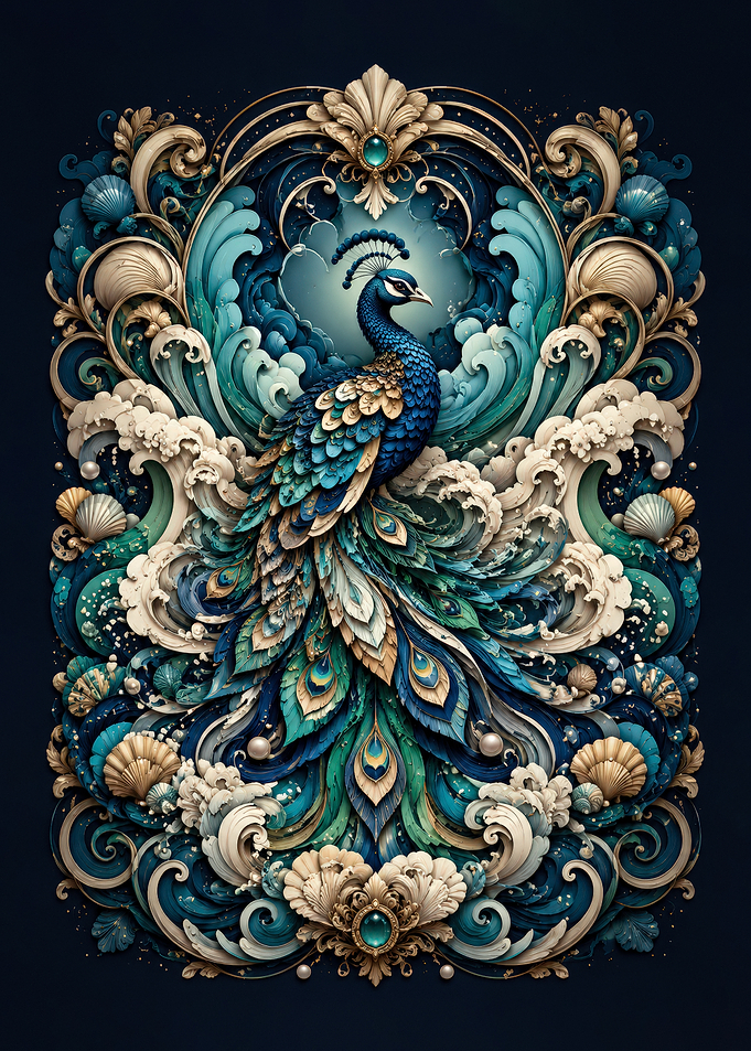 Ornate Peacock with Ocean Waves