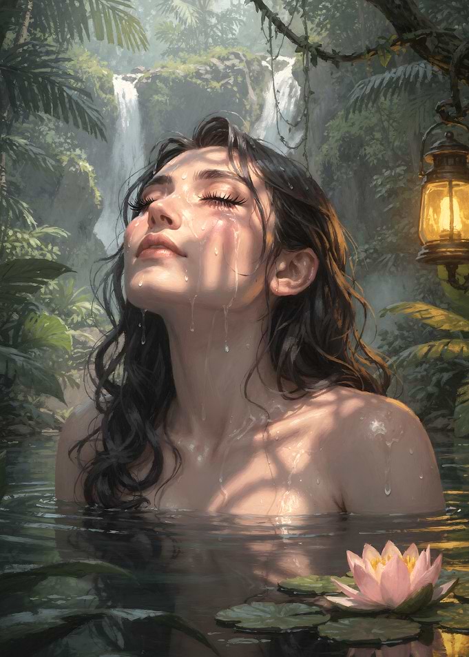Woman in jungle waterfall with lotus flower