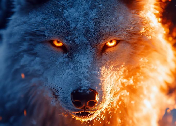 Wolf with glowing eyes in snow and fire