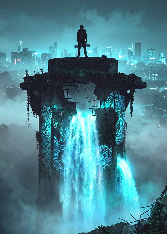 Skater on Ruined Tower with Waterfall