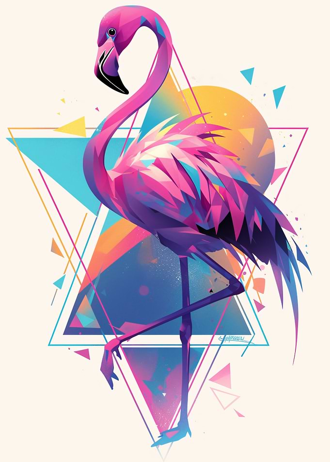 Geometric Flamingo with Sunset Background
