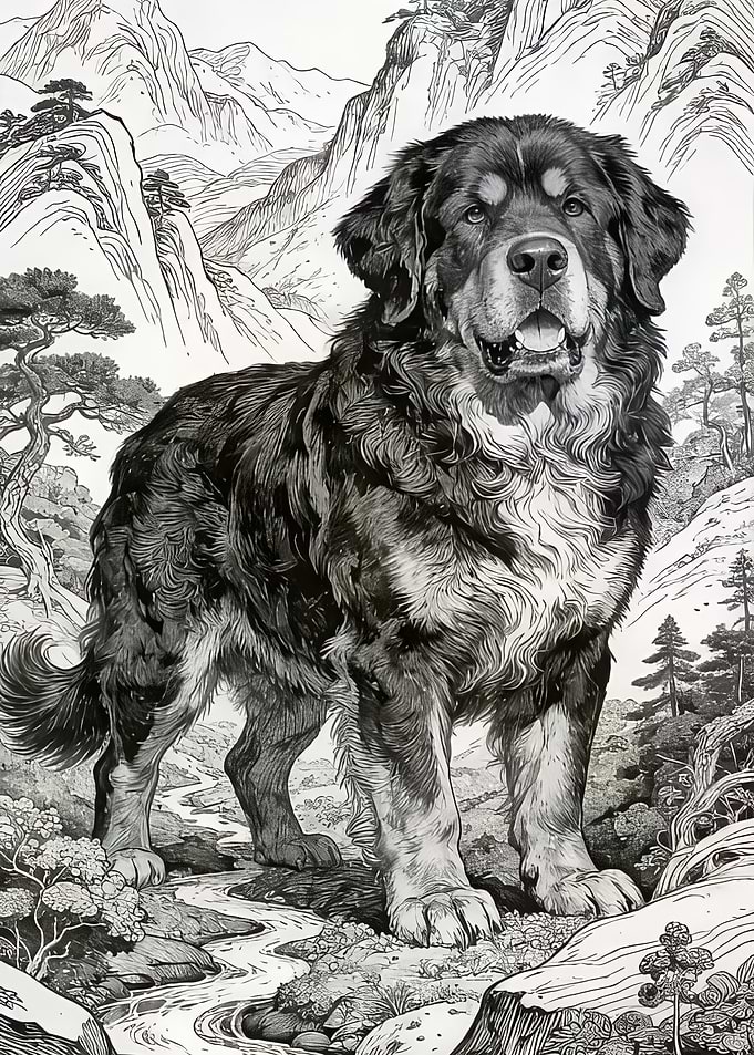 Majestic Tibetan Mastiff in a Mountain Landscape