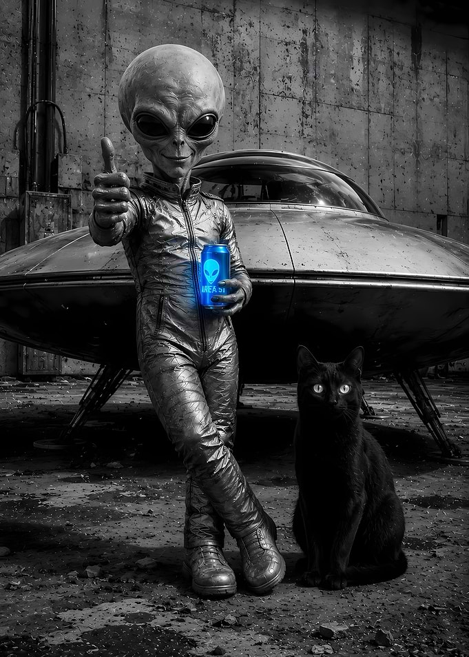 Alien with Cat and UFO
