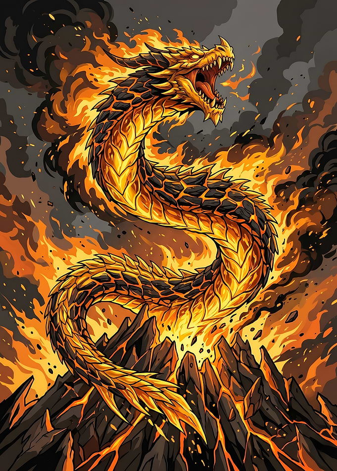 Fire Dragon Rising From Volcanic Eruption