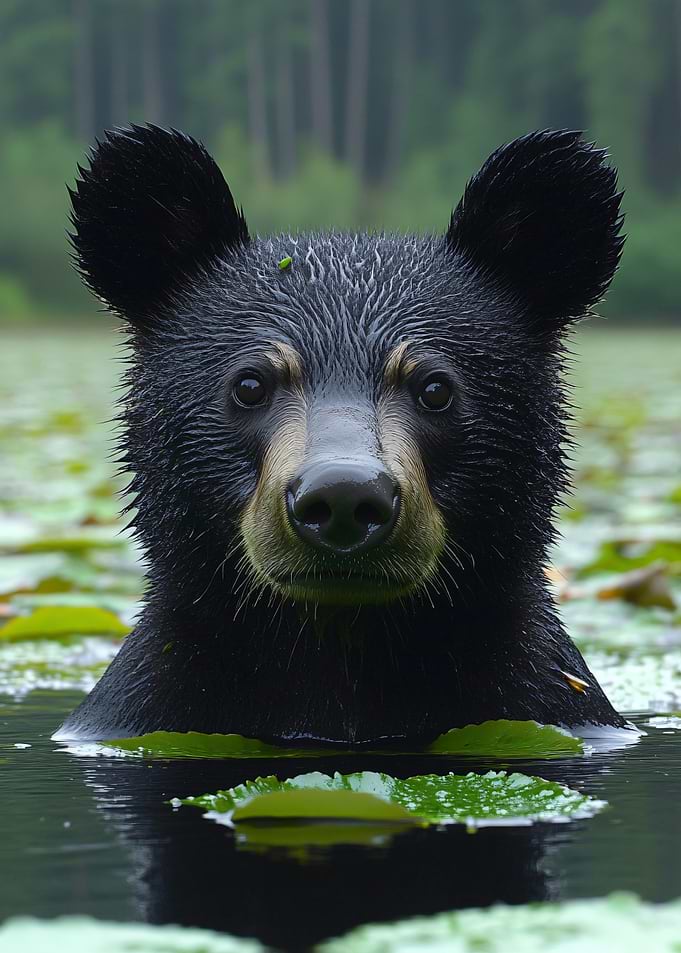Black Bear in Lily Pond